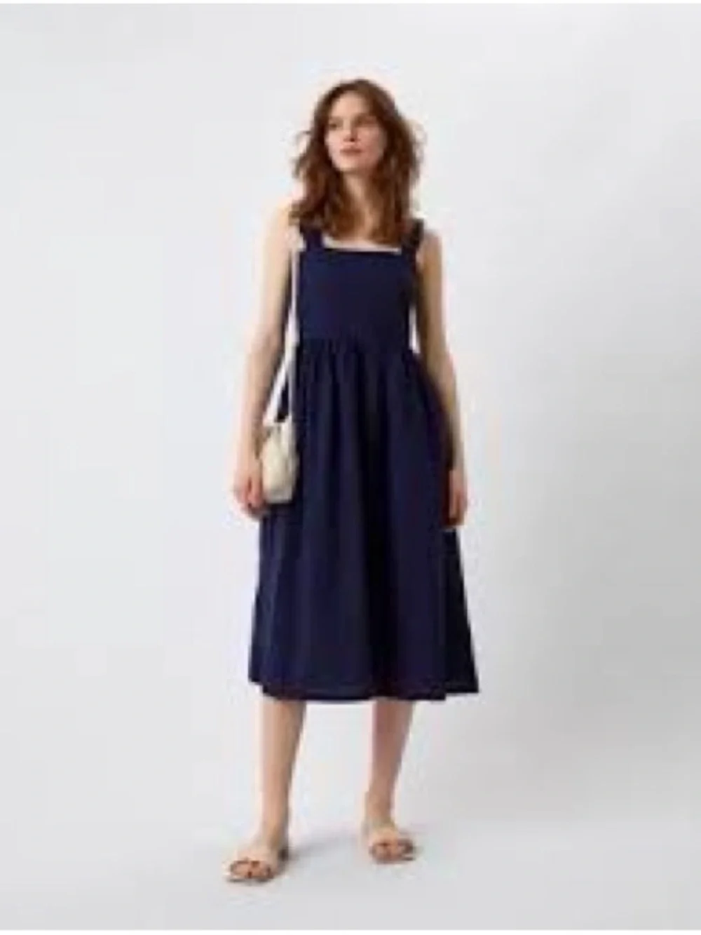 Uniqlo Navy Blue Linen Blend Shirring Sleeveless Midi Dress Medium VGUC - Picture 6 of 9
